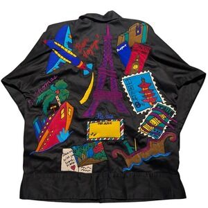 VTG Silkscapes Travel Applique Jacket Black Cotton Silk Paris Small Oversized